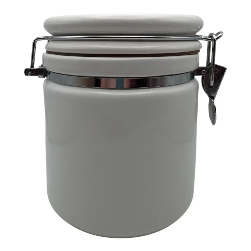 White Ceramic Kitchen Canister With Airtight Locking Lid EUC
